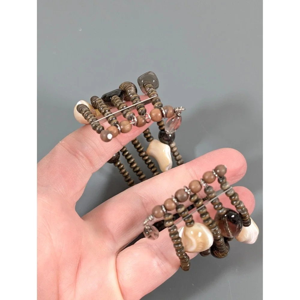 Wide Brown Beaded Cuff Bracelet Wood Shell‎ Glass Flexible Boho